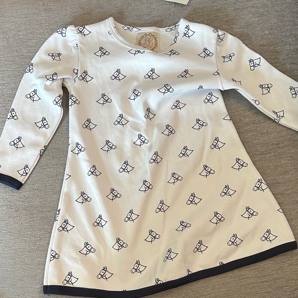 The Beaufort Bonnet Company White Dress with Blue horse Pattern